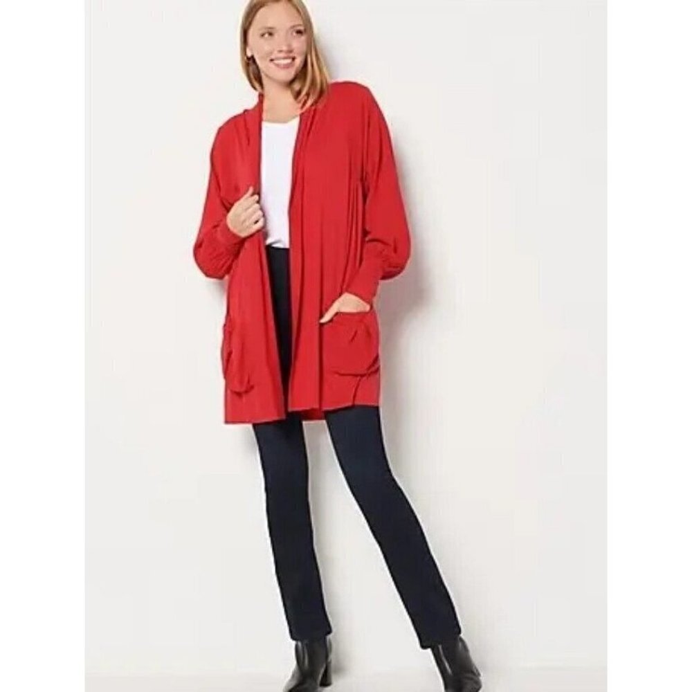 Truth + Style Mix Media Cardigan with Smocked Sleeves Deep Red X-Large